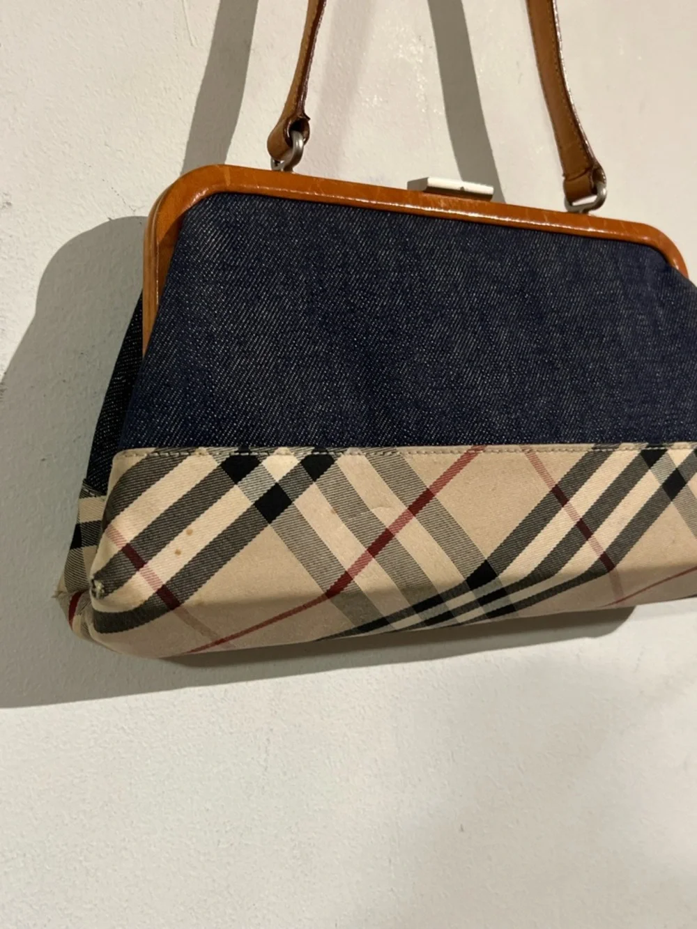 Burberry Navy and Beige Plaid Top-Frame Satchel - Picture 3 of 11